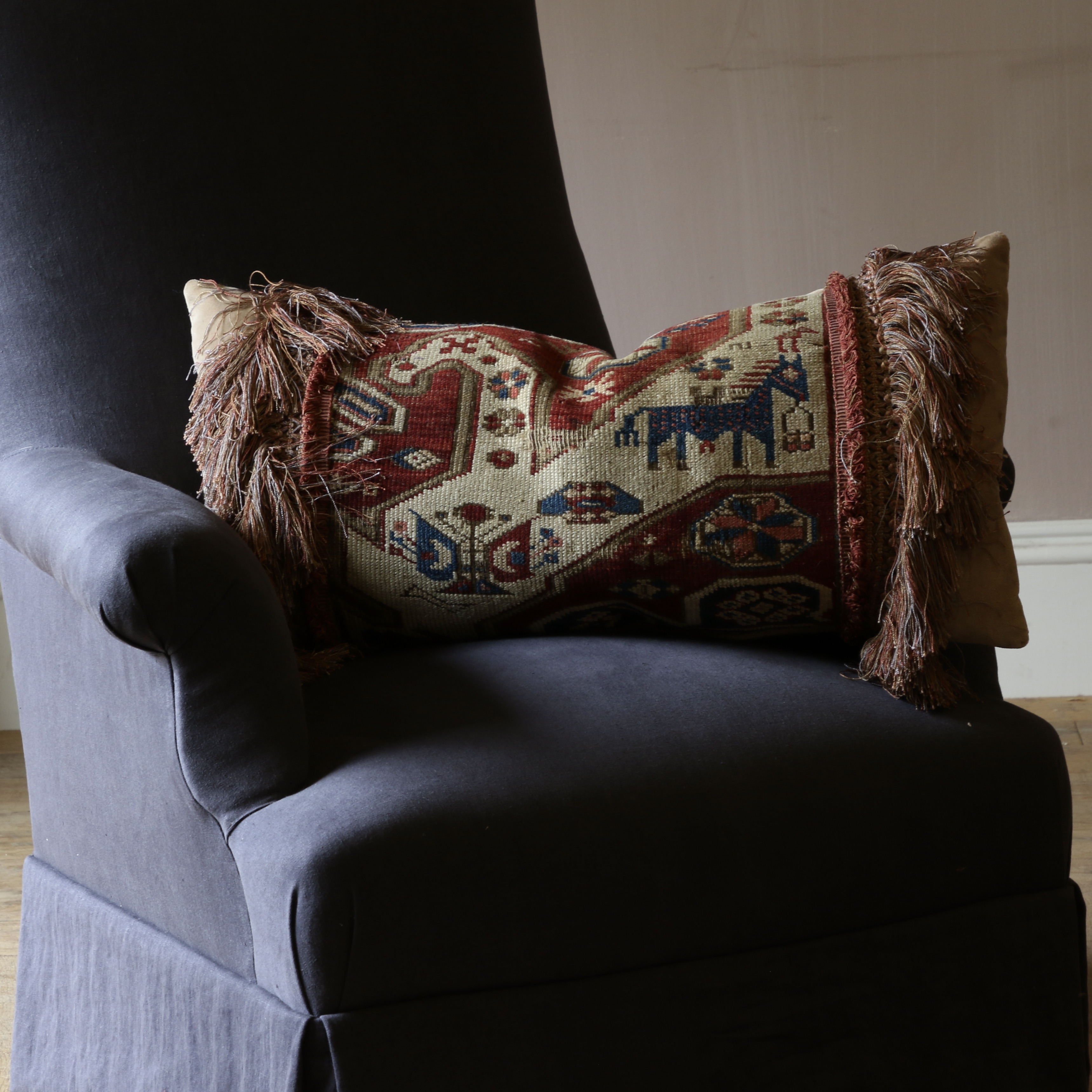 151-19 - 19th-Century Caucasian Carpet Cushion with Silk Fringe